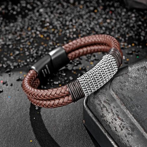 Speroto Mens Bracelet leather and Steel, Handmade Double Row Braided Magnetic Leather Bracelets with Chain Gifts for Men in Kuwait