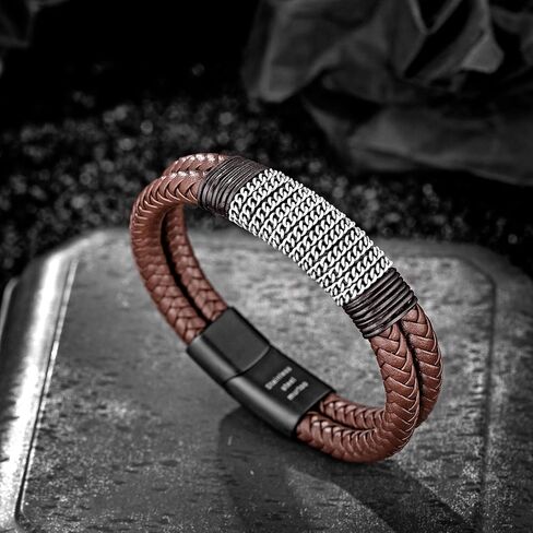 Speroto Mens Bracelet leather and Steel, Handmade Double Row Braided Magnetic Leather Bracelets with Chain Gifts for Men in Kuwait