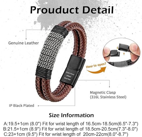 Speroto Mens Bracelet leather and Steel, Handmade Double Row Braided Magnetic Leather Bracelets with Chain Gifts for Men in Kuwait