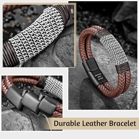 Speroto Mens Bracelet leather and Steel, Handmade Double Row Braided Magnetic Leather Bracelets with Chain Gifts for Men in Kuwait