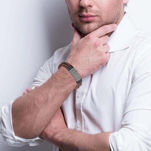 Speroto Mens Bracelet leather and Steel, Handmade Double Row Braided Magnetic Leather Bracelets with Chain Gifts for Men in Kuwait