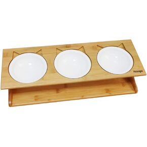 Cat Bowls Pet Dining Table with Raised Slope Wooden Stand Elevated Pet Bowls with Oblique Stand for More Comfortable Eating for Cats, Dogs, Kitten and Puppy (Double Bowl, Ceramics)