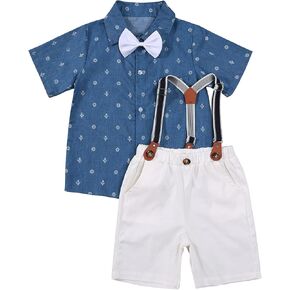 Zero2Seven طفل الفتيان شهم الزي الصيف طفل الاطفال ملابس قصيرة الأكمام ربطة القوس فيونكة تي شيرت علوي + الحمالات السراويل فستان أطفال مع سروال داخلي in Kuwait