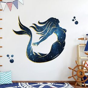 Blue Galaxy Mermaid Silhouette Wall Decal Large Mermaid Wall Sticker Self-adhesive Mermaid Wall Art Decor Baby Nursery Girls Bedroom Bathroom Decoration
