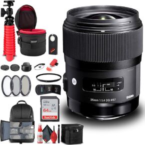 Sigma 35mm f/1.4 DG HSM Art Lens for Nikon F (340306) Bundle + Backpack + 64GB Card + Lens Case + Card Reader + 3 Piece Filter Kit + Cleaning Set + Flex Tripod + Memory Wallet + IR Remote + More in Saudi Arabia