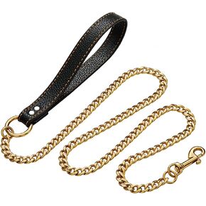Strong Stainless Steel Gold Chain Dog Leash,with Leather Handle,12mm Width 18K Gold Plated NK Link Chain Leash,Metal Leash for Small Medium & Large Dogs in Kuwait