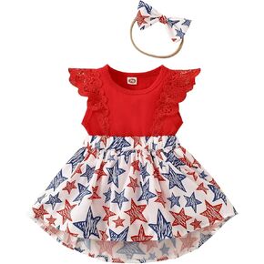 Newborn Baby Girl 4th of July Dress Independence Day Outfit Ruffle Lace Romper Sleeveless Top Star Stripe Skirt Set in Saudi Arabia