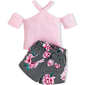 Toddler Girl Clothes Cold Shoulder Short Sleeve Top & Floral Striped Shorts Girl Summer Outfits Sets 1-6Y in Saudi Arabia