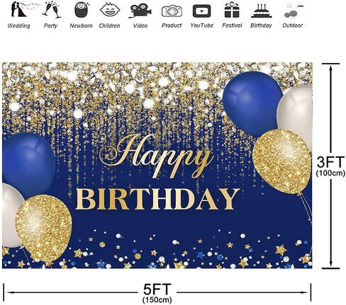 aperturee الأزرق والذهبي عيد ميلاد سعيد خلفية 7x5ft بريق النقاط الذهبية الماس بالونات النساء الفتيات الحلو 16 bday التصوير خلفية حزب زينة كعكة الجدول راية صور كشك الدعائم in Saudi Arabia