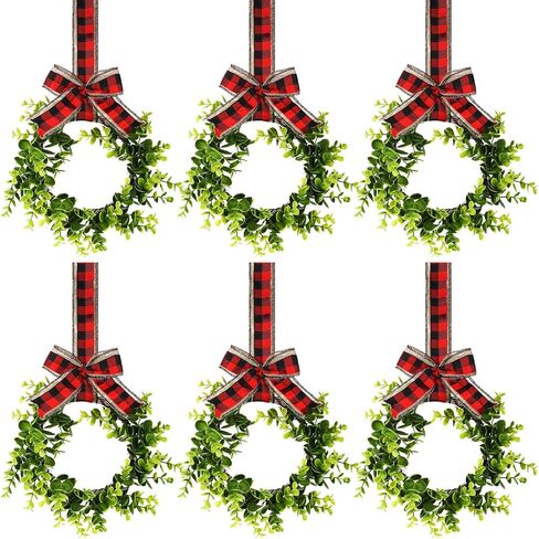 6 Pcs Christmas Kitchen Cabinet Wreaths Decorative Boxwood Wreaths with Ribbon Artificial Greenery Wreath Small Farmhouse Wreaths for Kitchen, 21.3 x 8.7 Inch (Black and White Plaid) in Saudi Arabia