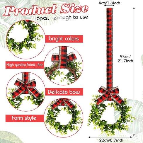6 Pcs Christmas Kitchen Cabinet Wreaths Decorative Boxwood Wreaths with Ribbon Artificial Greenery Wreath Small Farmhouse Wreaths for Kitchen, 21.3 x 8.7 Inch (Black and White Plaid) in Saudi Arabia