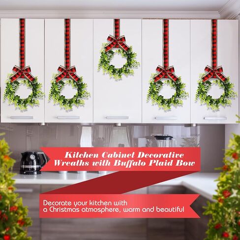 6 Pcs Christmas Kitchen Cabinet Wreaths Decorative Boxwood Wreaths with Ribbon Artificial Greenery Wreath Small Farmhouse Wreaths for Kitchen, 21.3 x 8.7 Inch (Black and White Plaid) in Saudi Arabia