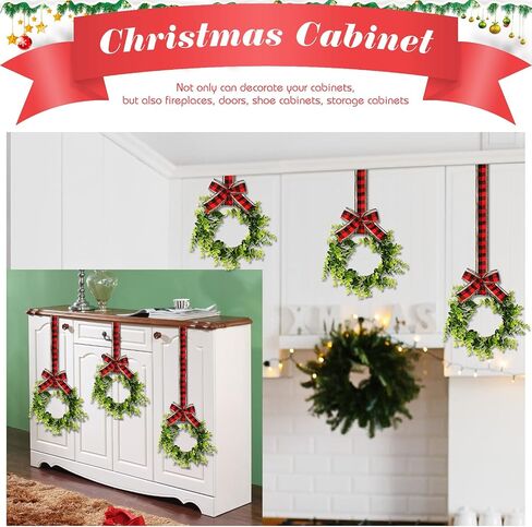 6 Pcs Christmas Kitchen Cabinet Wreaths Decorative Boxwood Wreaths with Ribbon Artificial Greenery Wreath Small Farmhouse Wreaths for Kitchen, 21.3 x 8.7 Inch (Black and White Plaid) in Saudi Arabia