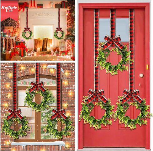 6 Pcs Christmas Kitchen Cabinet Wreaths Decorative Boxwood Wreaths with Ribbon Artificial Greenery Wreath Small Farmhouse Wreaths for Kitchen, 21.3 x 8.7 Inch (Black and White Plaid) in Saudi Arabia