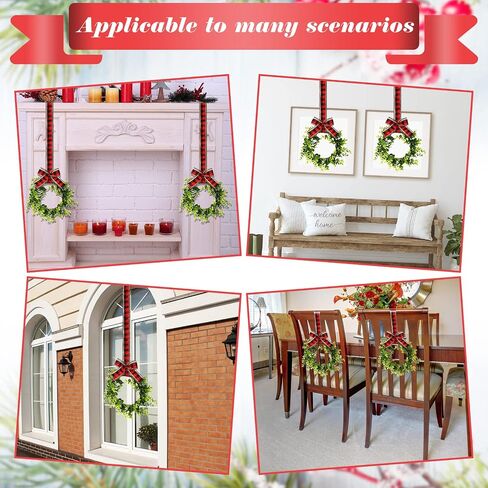 6 Pcs Christmas Kitchen Cabinet Wreaths Decorative Boxwood Wreaths with Ribbon Artificial Greenery Wreath Small Farmhouse Wreaths for Kitchen, 21.3 x 8.7 Inch (Black and White Plaid) in Saudi Arabia