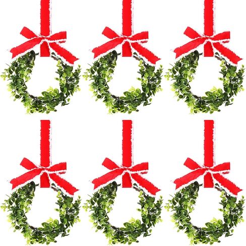 6 Pcs Christmas Kitchen Cabinet Wreaths Decorative Boxwood Wreaths with Ribbon Artificial Greenery Wreath Small Farmhouse Wreaths for Kitchen, 21.3 x 8.7 Inch (Black and White Plaid) in Saudi Arabia