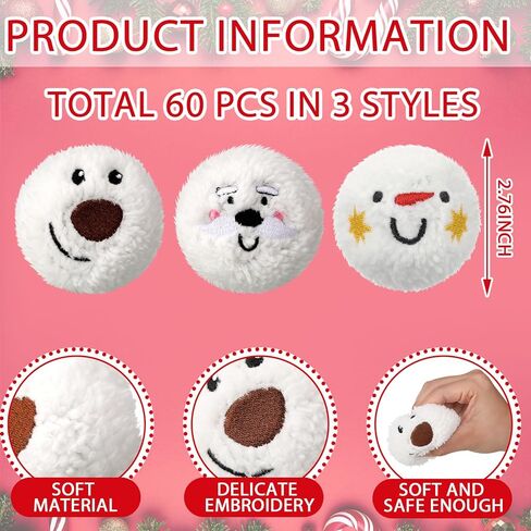 Syhood 60 Pieces 2.76 Inch Christmas Snowman Dog Toy Snowball Fight Plush Dog Toys Snow Balls for Fights Indoor Snowman Santa Elk Snowballs for Small and Middle Dogs Pet Chew Toys Gifts for Pets Dogs in Saudi Arabia