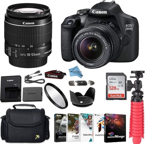 EOS Rebel 2000d DSLR Camera Bundle with EF-S 18-55mm f/3.5-5.6 is II Lens + Gadget Case + Sandisk 128gb Ultra Memory Card + Photo Software Suite + Accessory Kit + Model Electronics Cloth. (Renewed) in Saudi Arabia