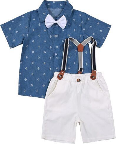 Zero2Seven طفل الفتيان شهم الزي الصيف طفل الاطفال ملابس قصيرة الأكمام ربطة القوس فيونكة تي شيرت علوي + الحمالات السراويل فستان أطفال مع سروال داخلي in Kuwait