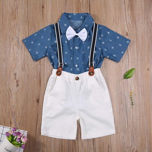 Zero2Seven طفل الفتيان شهم الزي الصيف طفل الاطفال ملابس قصيرة الأكمام ربطة القوس فيونكة تي شيرت علوي + الحمالات السراويل فستان أطفال مع سروال داخلي in Kuwait