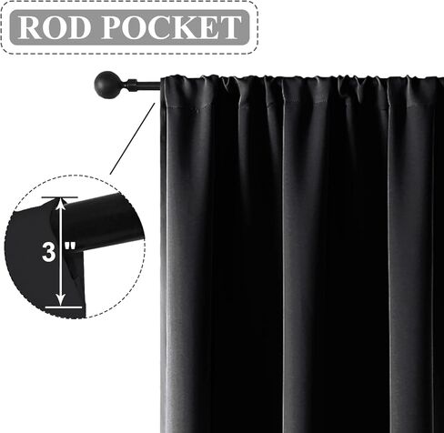 ستائر تعتيم روتريلو لغرفة النوم، ستائر جيب قضيب تعتيم الغرفة معزولة حراريًا لغرفة المعيشة، لوحتان (42 × 45 بوصة، أسود) in Kuwait