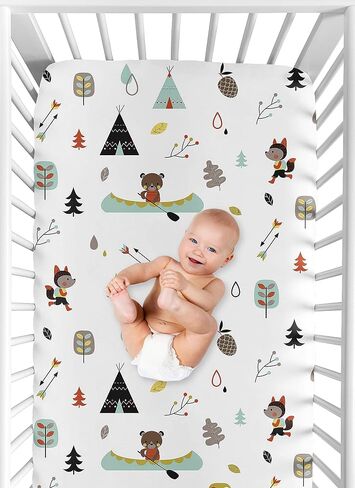 Fitted Crib Sheet for Outdoor Adventure Baby/Toddler Bedding - Nature Fox Bear Animals Boys Print in Saudi Arabia
