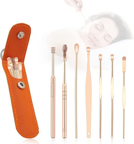 Ear Cleansing Tool Set, Stainless Steel Spade Ear Cleaning, 7-in-1 360°Spiral Design Earwax Removal Tools, Portable Ear Cleaning Kit for Home and Travel with PU Leather Case in Kuwait
