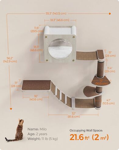 FEANDREA Clickat Cat Hammock, Wall-Mounted Cat Bed, Cat Wall Perch with Replaceable Washable Fabric in Kuwait