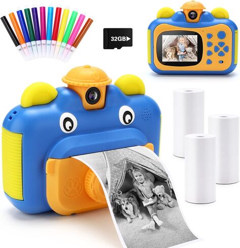Instant Print Cameras for Kids, Zero Ink 1080p Video Kids Digital Camera for Boys,Birthday Gift Photo Printer Camera for Kids Age 6 7 8 9 10-32GB Card,Color Pens,Print Papers in Kuwait