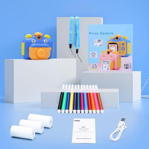 Instant Print Cameras for Kids, Zero Ink 1080p Video Kids Digital Camera for Boys,Birthday Gift Photo Printer Camera for Kids Age 6 7 8 9 10-32GB Card,Color Pens,Print Papers in Kuwait