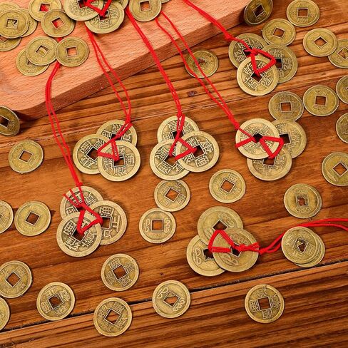 عملات فنغ شوي الصينية عملات الحظ الصينية عملات الحظ السعيد عملات I-Ching العملات المعدنية التقليدية مع حبل أحمر لنجاح الثروة الصحية حظًا سعيدًا السنة الصينية الجديدة (115 قطعة) in Kuwait