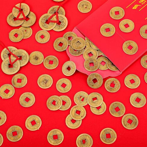 عملات فنغ شوي الصينية عملات الحظ الصينية عملات الحظ السعيد عملات I-Ching العملات المعدنية التقليدية مع حبل أحمر لنجاح الثروة الصحية حظًا سعيدًا السنة الصينية الجديدة (115 قطعة) in Kuwait