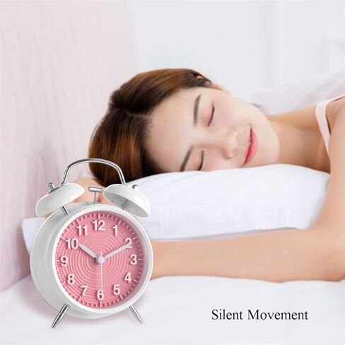 ساعة منبه بجرس مزدوج مقاس 4 بوصات من Topkey غير موقوتة بجانب السرير وساعة منبه عتيقة مع ضوء ليلي ومنبه عالٍ، تعمل بالبطارية (غير متضمنة) - وردي in Kuwait