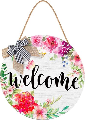 Yookeer Spring Welcome Wreaths Sign for Front Door Farmhouse Spring Door Hanger Decor Rustic Wooden Welcome Spring Flower Hanging Door Wall Sign for Spring Seasons Holiday in Saudi Arabia