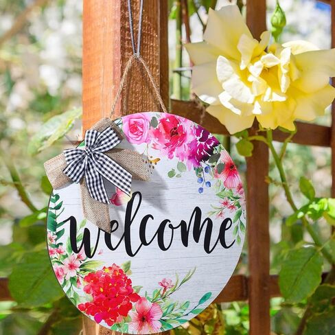 Yookeer Spring Welcome Wreaths Sign for Front Door Farmhouse Spring Door Hanger Decor Rustic Wooden Welcome Spring Flower Hanging Door Wall Sign for Spring Seasons Holiday in Saudi Arabia