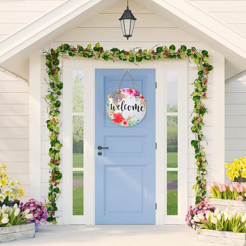 Yookeer Spring Welcome Wreaths Sign for Front Door Farmhouse Spring Door Hanger Decor Rustic Wooden Welcome Spring Flower Hanging Door Wall Sign for Spring Seasons Holiday in Saudi Arabia