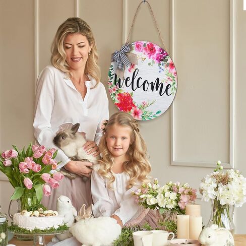 Yookeer Spring Welcome Wreaths Sign for Front Door Farmhouse Spring Door Hanger Decor Rustic Wooden Welcome Spring Flower Hanging Door Wall Sign for Spring Seasons Holiday in Saudi Arabia