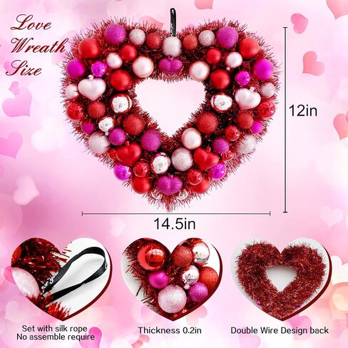 Heart Wreath Wreaths for Front Door, Summer Series Decor Love Red Tinsel Hanging Wall Ornament for Mothers Valentines Day Wedding Party Proposal Birthday Anniversary, 14.5''x12''(WxH) in Saudi Arabia