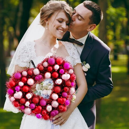 Heart Wreath Wreaths for Front Door, Summer Series Decor Love Red Tinsel Hanging Wall Ornament for Mothers Valentines Day Wedding Party Proposal Birthday Anniversary, 14.5''x12''(WxH) in Saudi Arabia