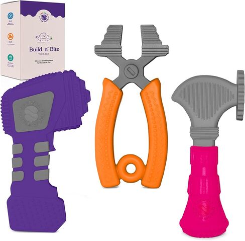 ألعاب تسنين سبيريك للأطفال من عمر 0 ​​إلى 6 أشهر - ألعاب تسنين من السيليكون - مجموعة أدوات للأطفال للأولاد والبنات مع مطرقة وكماشة ومثقاب - نسيج مزدوج الجوانب لتهدئة اللثة - 3 قطع in Kuwait
