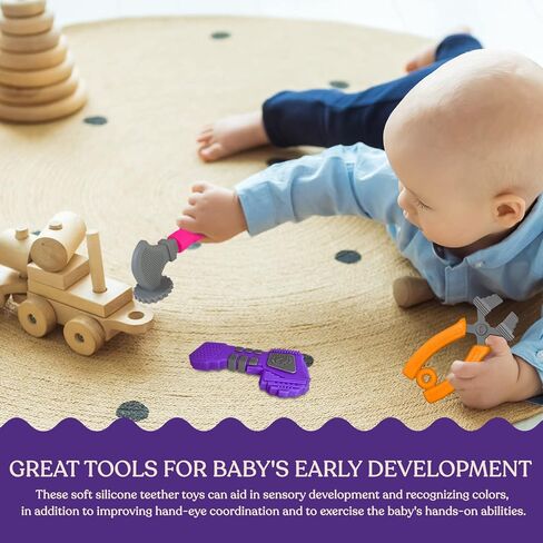 ألعاب تسنين سبيريك للأطفال من عمر 0 ​​إلى 6 أشهر - ألعاب تسنين من السيليكون - مجموعة أدوات للأطفال للأولاد والبنات مع مطرقة وكماشة ومثقاب - نسيج مزدوج الجوانب لتهدئة اللثة - 3 قطع in Kuwait