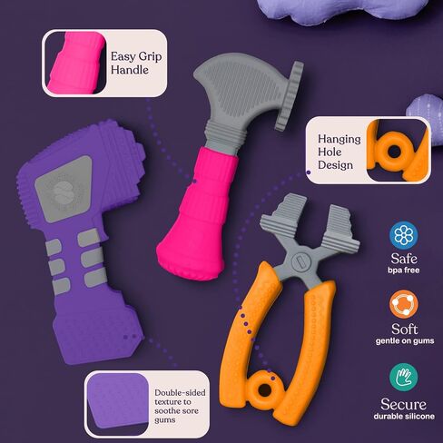 ألعاب تسنين سبيريك للأطفال من عمر 0 ​​إلى 6 أشهر - ألعاب تسنين من السيليكون - مجموعة أدوات للأطفال للأولاد والبنات مع مطرقة وكماشة ومثقاب - نسيج مزدوج الجوانب لتهدئة اللثة - 3 قطع in Kuwait