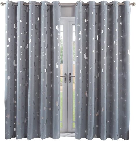 Dreamscene Blackout Moon and Stars Printed Room Darkening Curtains for Kids Room Girls Boys Nursery Bedroom 2 Panels - Silver Grey, Width 52 x Drop 96 Inch in Saudi Arabia