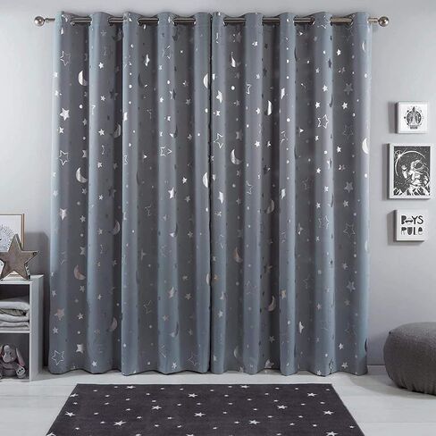 Dreamscene Blackout Moon and Stars Printed Room Darkening Curtains for Kids Room Girls Boys Nursery Bedroom 2 Panels - Silver Grey, Width 52 x Drop 96 Inch in Saudi Arabia
