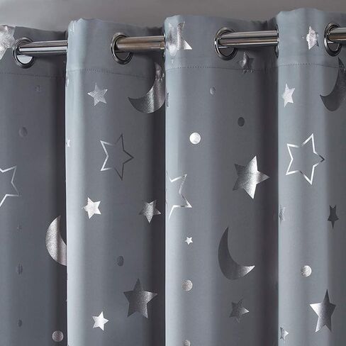 Dreamscene Blackout Moon and Stars Printed Room Darkening Curtains for Kids Room Girls Boys Nursery Bedroom 2 Panels - Silver Grey, Width 52 x Drop 96 Inch in Saudi Arabia