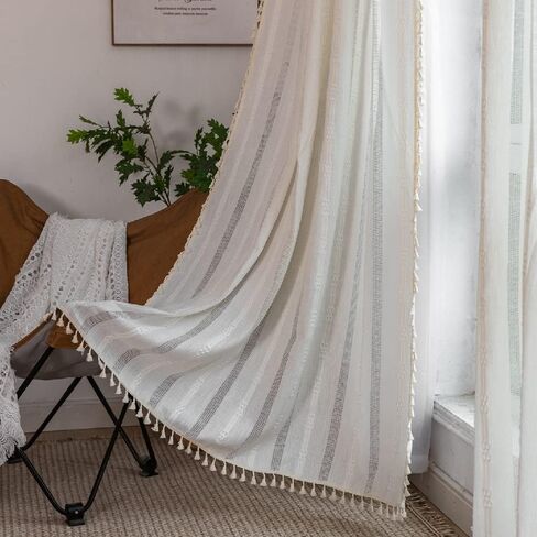 Amidoudou 1 Panel Cotton Linen Boho Curtain with Tassel Living Room Bedroom Hollow Curtain (White,52x96 Inch) in Saudi Arabia