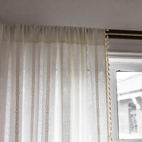 Amidoudou 1 Panel Cotton Linen Boho Curtain with Tassel Living Room Bedroom Hollow Curtain (White,52x96 Inch) in Saudi Arabia
