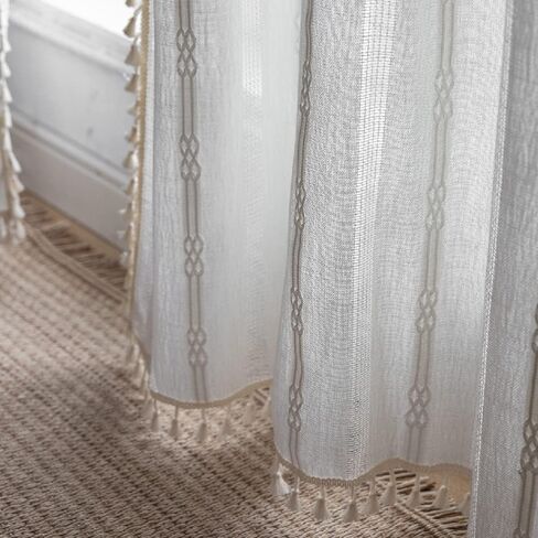 Amidoudou 1 Panel Cotton Linen Boho Curtain with Tassel Living Room Bedroom Hollow Curtain (White,52x96 Inch) in Saudi Arabia