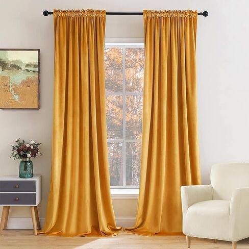 SOFJAGETQ Yellow Velvet Curtains 108 inch Long - Room Darkening Thick and Soft Rod Pocket Light Blocking Curtain, Luxury Drapes for Bedroom and Living Room, Set of 2 Window Curtain Panels in Saudi Arabia