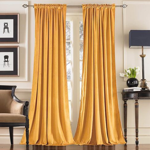 SOFJAGETQ Yellow Velvet Curtains 108 inch Long - Room Darkening Thick and Soft Rod Pocket Light Blocking Curtain, Luxury Drapes for Bedroom and Living Room, Set of 2 Window Curtain Panels in Saudi Arabia